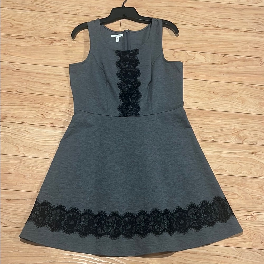 Gray Sleeveless Dress with Black Lace Detail